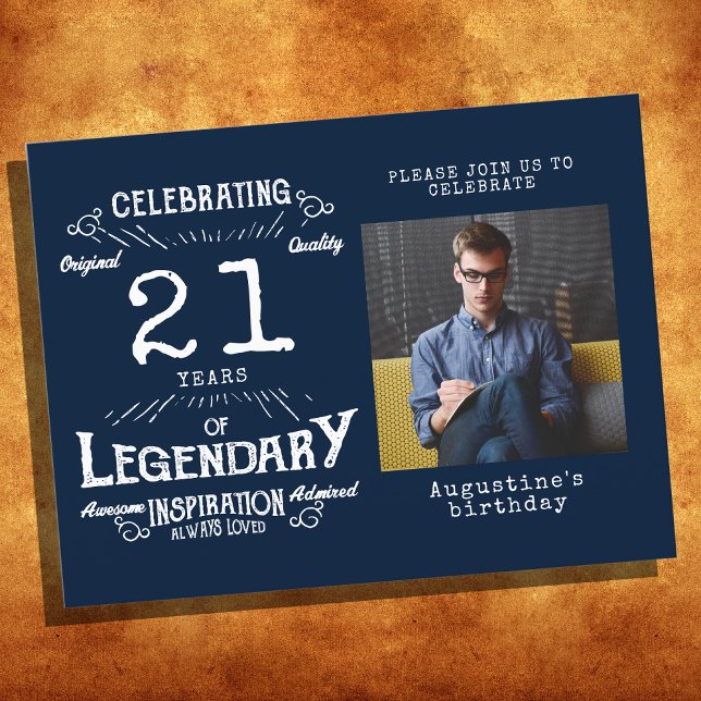 Invitation anniversaire 21 ans photo bleue vintage (Créateur téléchargé)