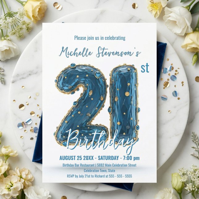 Invitation Anniversaire 21 ans, pierre précieuse or bleu 3D g (Créateur téléchargé)
