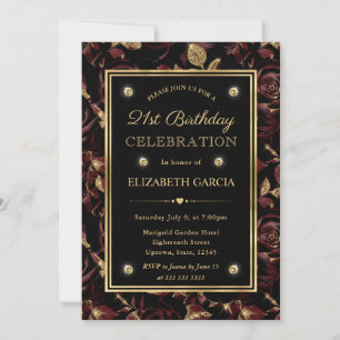 Invitation Anniversaire 21 ans Rose Florale Rouge & Or Élégan