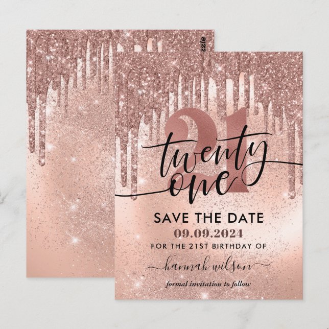 Invitation Anniversaire 21 Ans Rose Gold Save The  (Devant / Derrière)