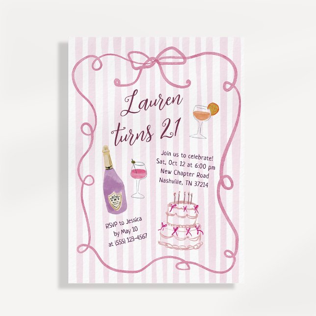 Invitation Anniversaire 21 Ans Ruban Rose Coquette (Créateur téléchargé)