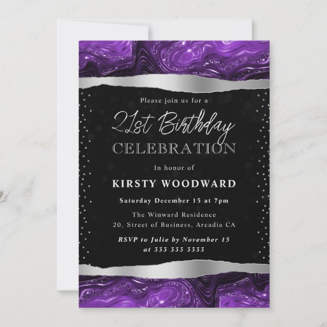 Invitation Anniversaire 21 ans scintillant violet et noir (Devant)