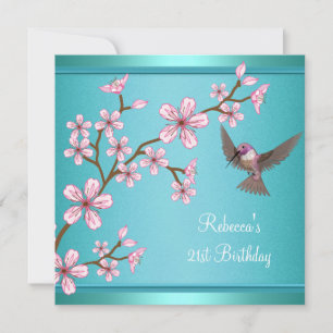Invitation Anniversaire 21 ans Teal Bleu Fleurs Roses Asiatiq