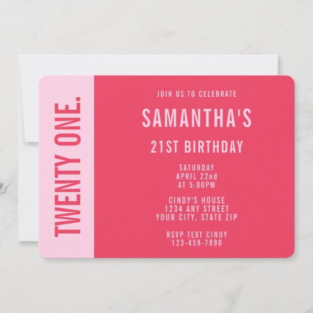 Invitation Anniversaire 21 ans tendance moderne gras rose et  (Devant)