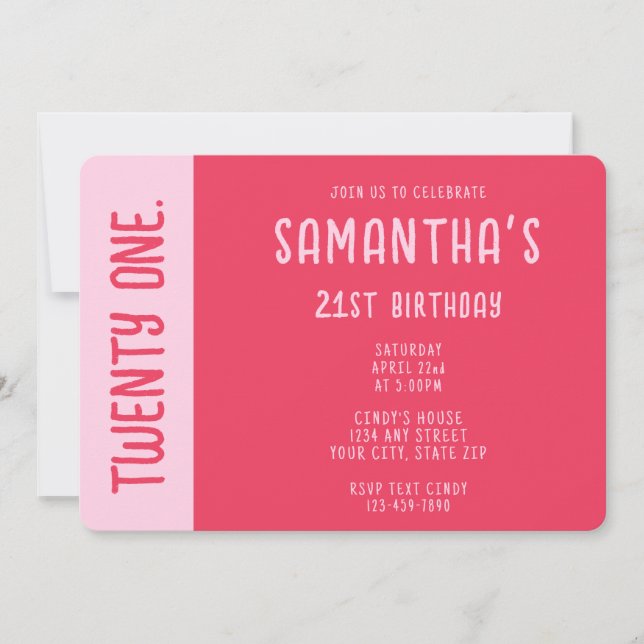 Invitation Anniversaire 21 ans tendance moderne gras rose et  (Devant)