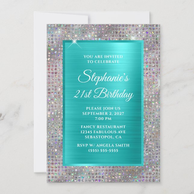 Invitation Anniversaire 21 ans turquoise holographique studde (Devant)