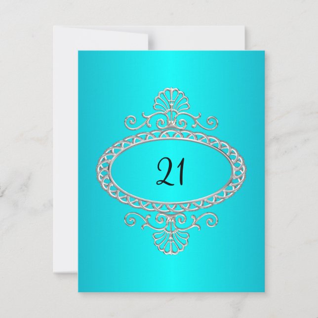 Invitation Anniversaire 21 ans Turquoise & Métal Argenté (Devant)