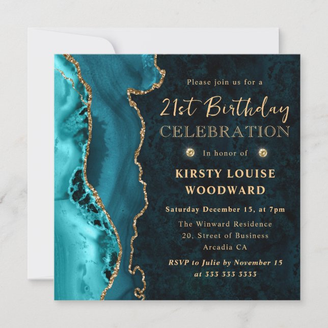 Invitation Anniversaire 21 Élégant Turquoise Et Paillettes D' (Devant)