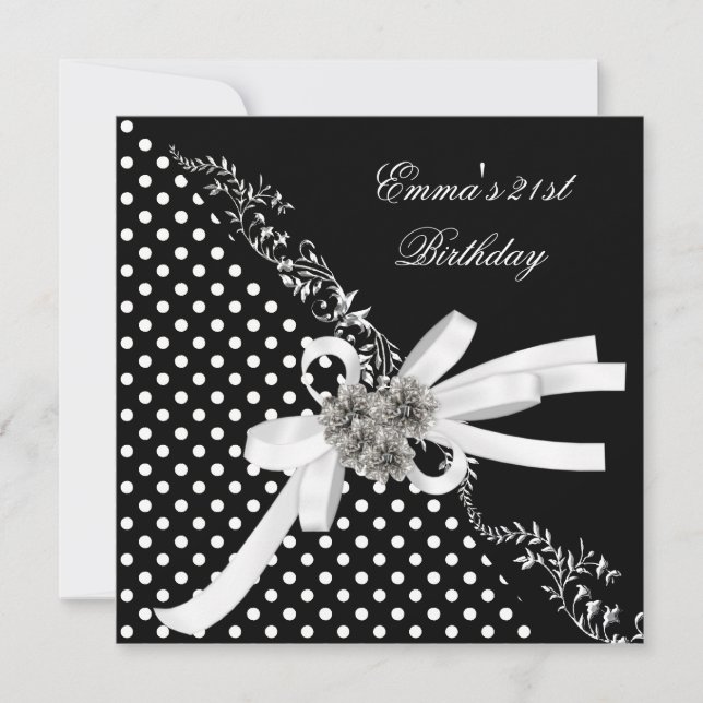 Invitation Anniversaire 21e Polka Dot noir blanc Bow (Devant)
