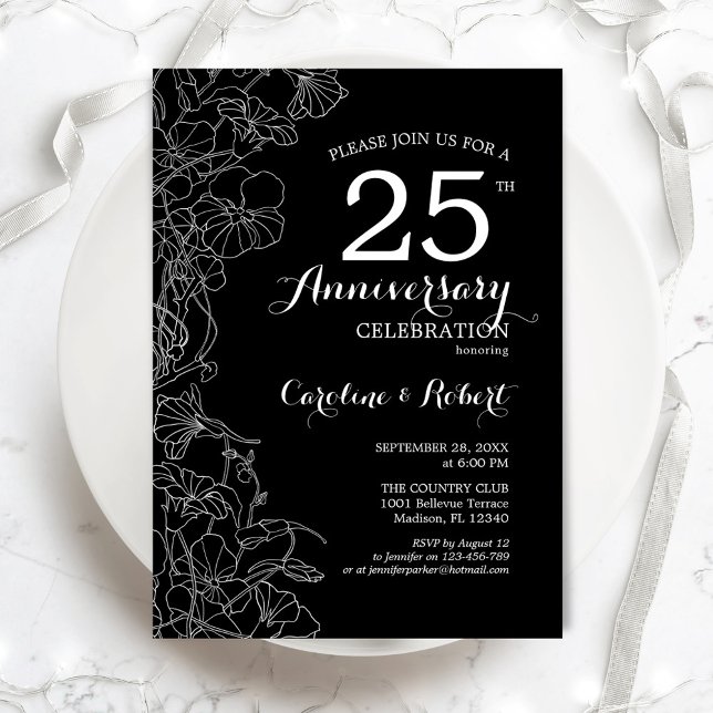 Invitation Anniversaire 25 ans Floral Noir Blanc (Créateur téléchargé)