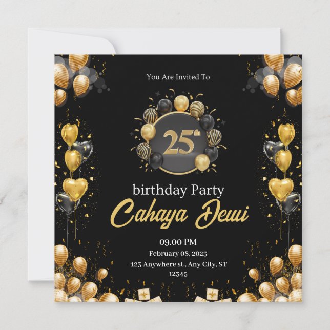 Invitation anniversaire 25 ans noir argent élégant moderne (Devant)