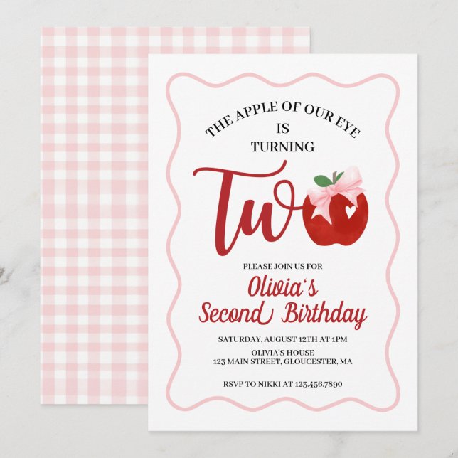 Invitation anniversaire 2 ans Apple Pink Bow prepp (Devant / Derrière)