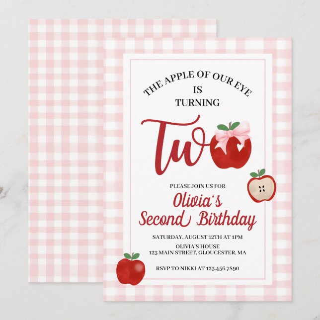 Invitation anniversaire 2 ans Apple Pink Bow prepp (Devant / Derrière)