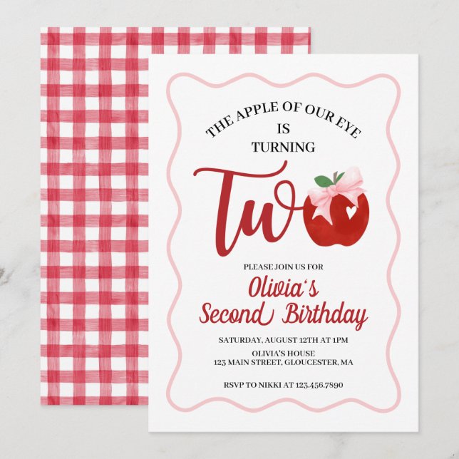 Invitation anniversaire 2 ans Apple Pink Bow prepp (Devant / Derrière)