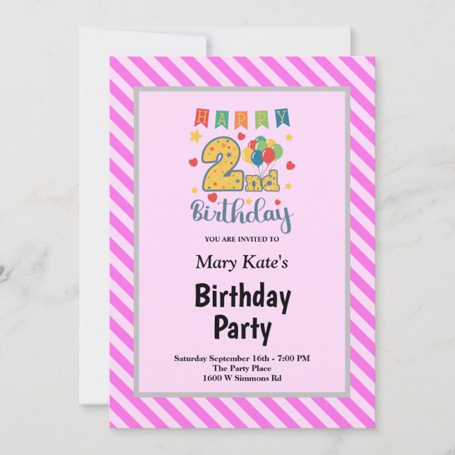 Invitation anniversaire 2 ans avec rayures roses e (Devant)