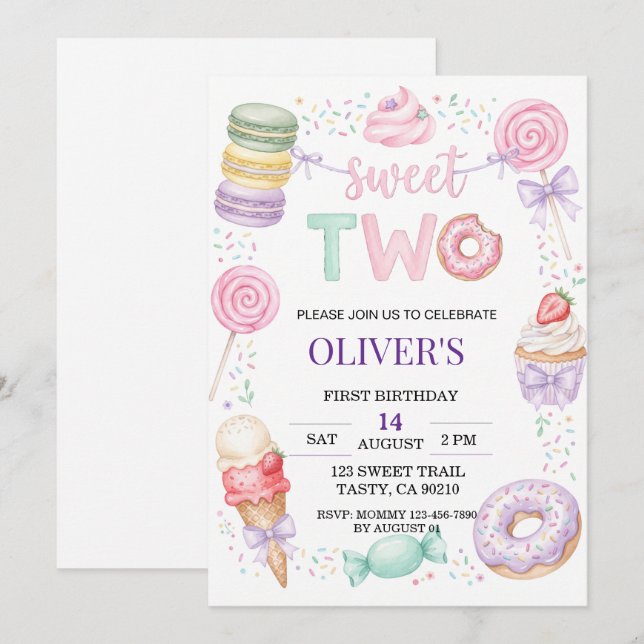 Invitation anniversaire 2 ans "Dessert pastel doux (Devant / Derrière)