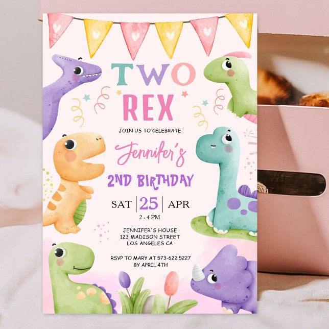 Invitation anniversaire 2 ans dinosaure fille mign (Créateur téléchargé)