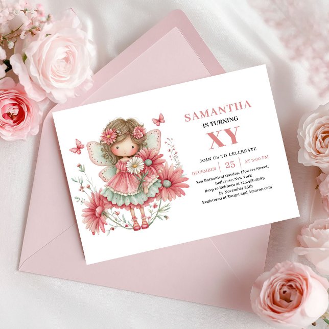 Invitation Anniversaire 2 Ans Fée Mignonne Fleurs  (Cute Fairy Girl 2nd Birthday Pink Flowers Invitation)