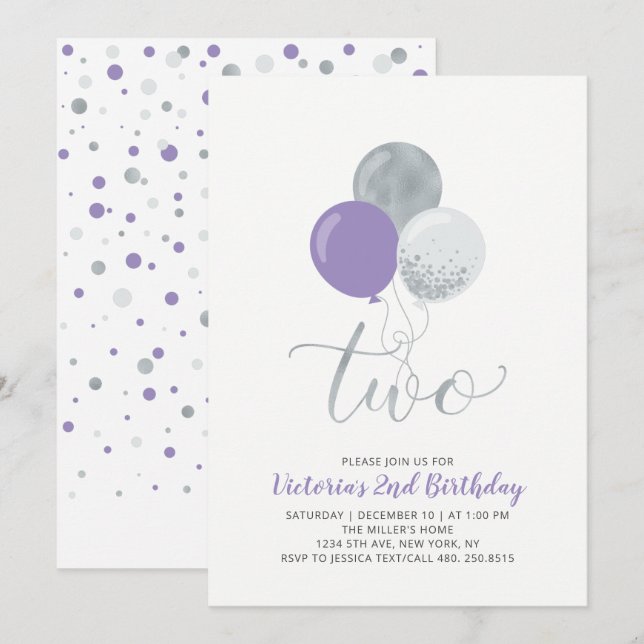 Invitation anniversaire 2 ans fille ballons violet (Devant / Derrière)