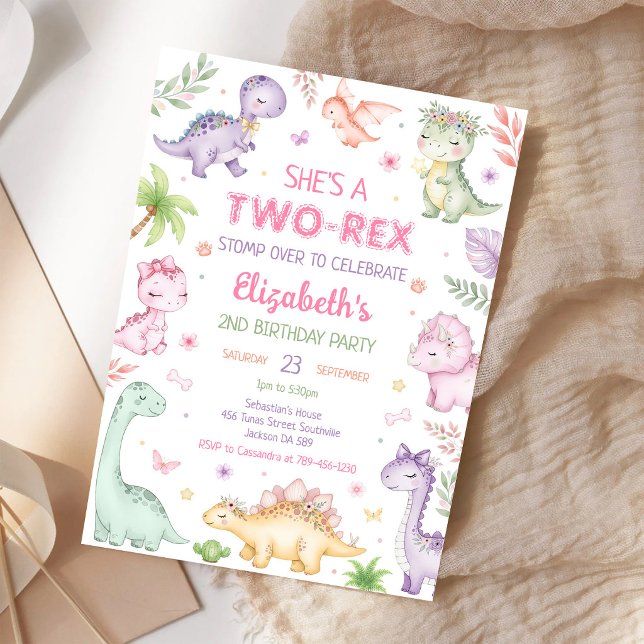 Invitation Anniversaire 2 ans fille dinosaure pastel deux rex (Créateur téléchargé)