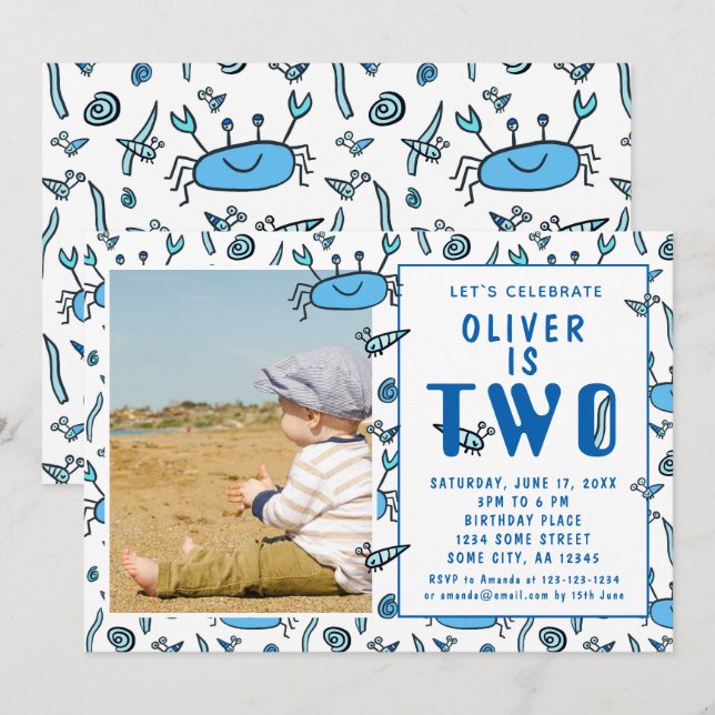 Invitation Anniversaire 2 Ans Garçon Crabe Mignon  (Devant / Derrière)