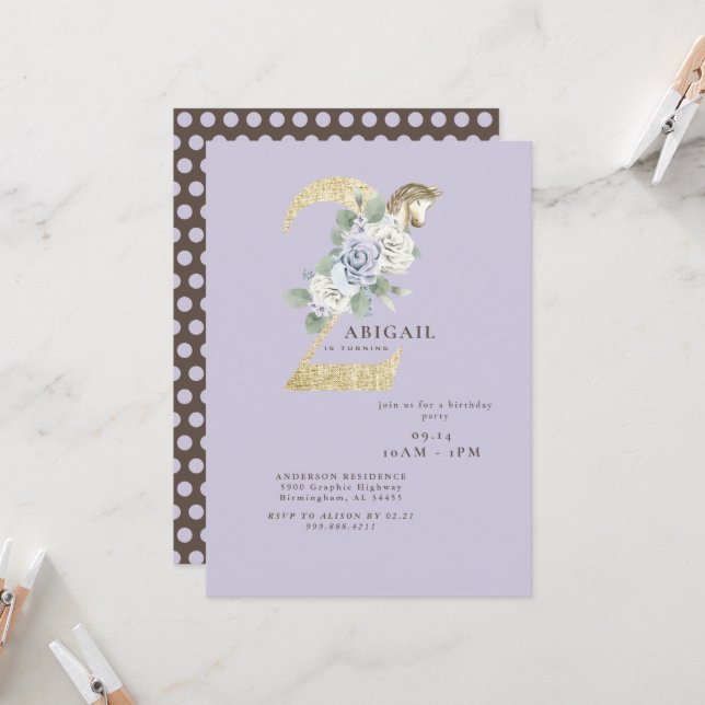 Invitation anniversaire 2 ans licorne violet (Devant/Arrière en situation)