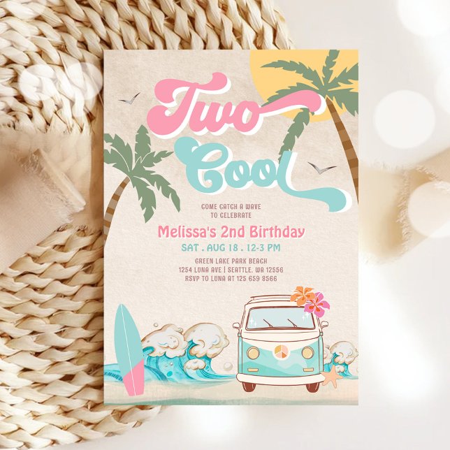 Invitation Anniversaire 2 ans Pink Mint Two Cool Surfing (Créateur téléchargé)