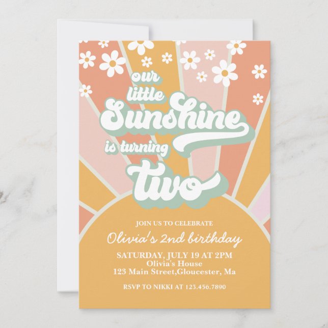 Invitation Anniversaire 2 ans Retro Sunshine daisy boho flora (Devant)