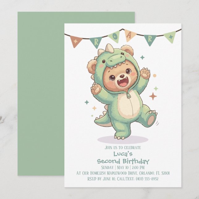 Invitation Anniversaire 2 ans Teddy Bear Dinosaur Party (Devant / Derrière)