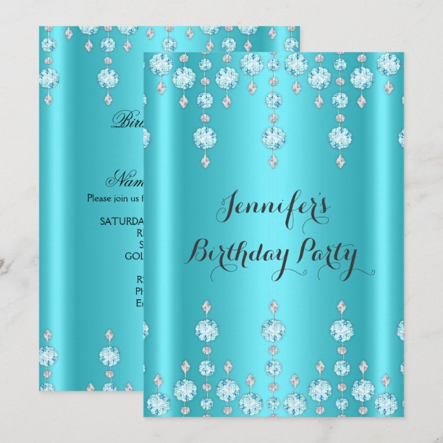 Invitation Anniversaire 2 Diamant Bleu Turquoise Pailleté Élé (Devant / Derrière)