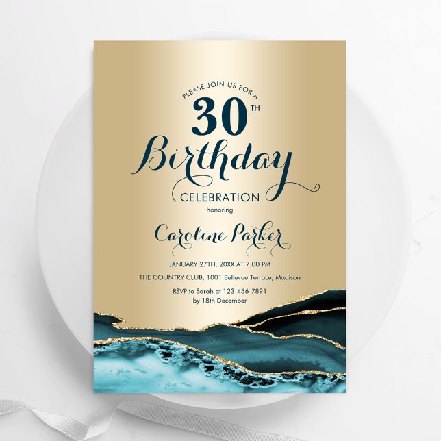 Invitation Anniversaire 30 ans Agate Turquoise Or (Créateur téléchargé)