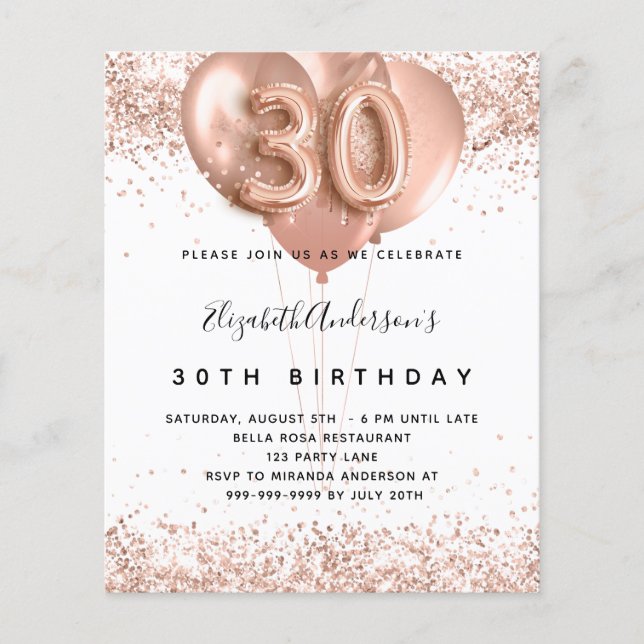 Invitation anniversaire 30 ans ballons rose gold (Devant)