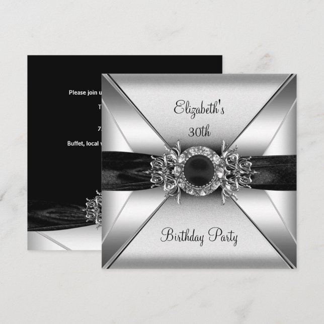 Invitation Anniversaire 30 ans Bijou Diamant Noir Blanc Argen (Devant / Derrière)