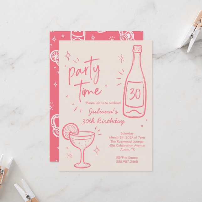 Invitation anniversaire 30 ans bouteille et cockta (Devant/Arrière en situation)