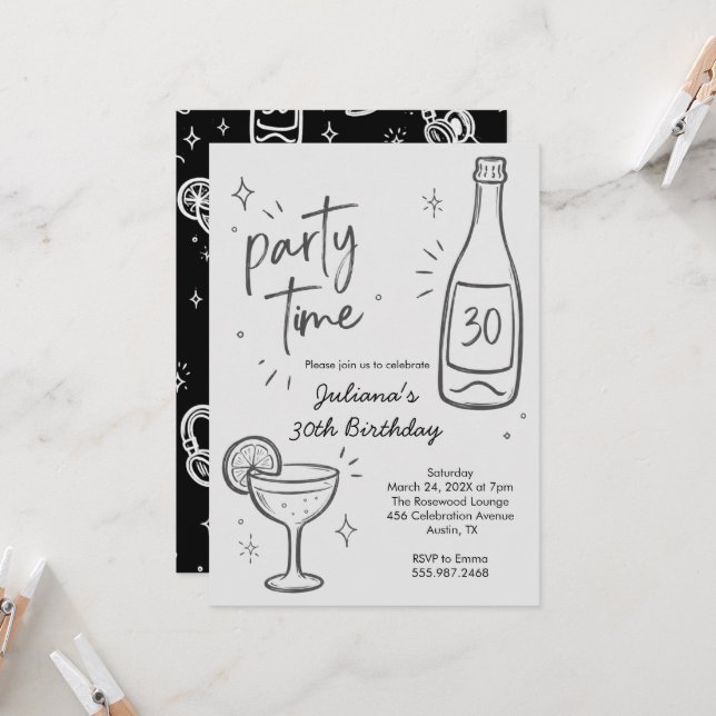Invitation anniversaire 30 ans bouteille et cockta (Devant/Arrière en situation)