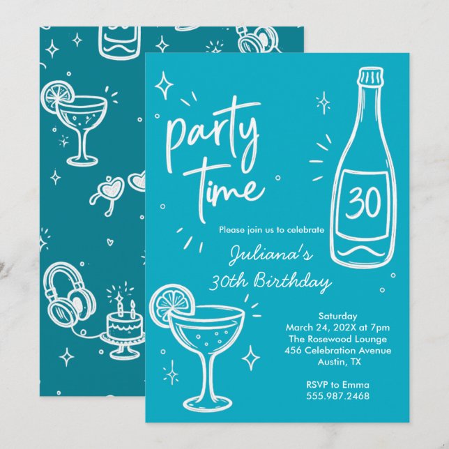 Invitation anniversaire 30 ans bouteille et cockta (Devant / Derrière)