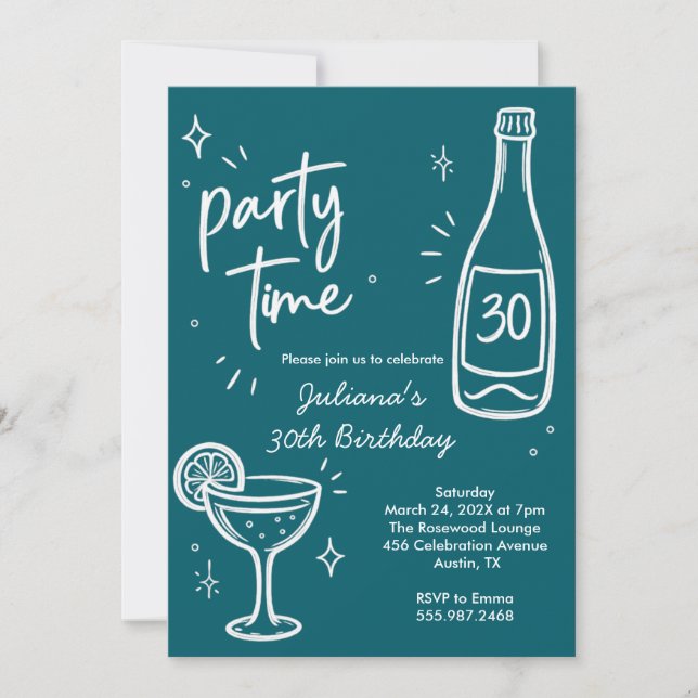 Invitation anniversaire 30 ans bouteille et cockta (Devant)