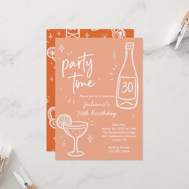 Invitation anniversaire 30 ans bouteille et cockta (Devant/Arrière en situation)