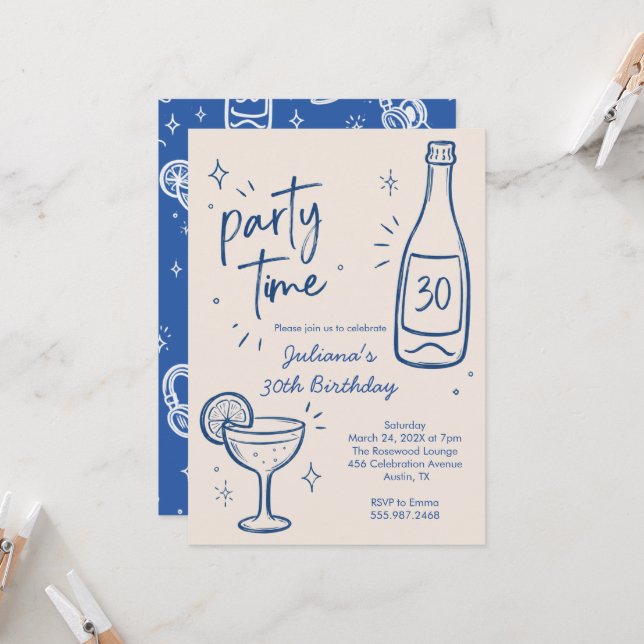 Invitation anniversaire 30 ans bouteille et cockta (Devant/Arrière en situation)