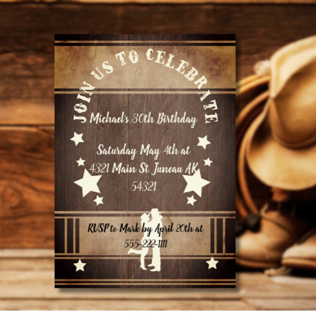 Invitation Anniversaire 30 ans cowboy rustique en bois (Créateur téléchargé)