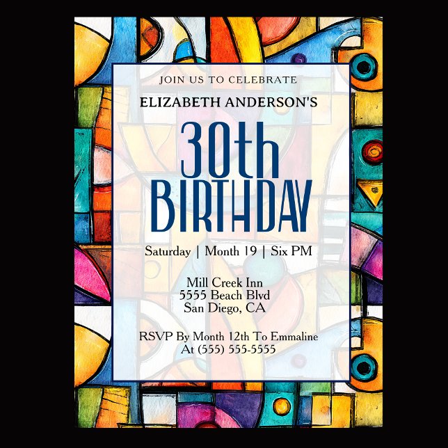 Invitation Anniversaire 30 ans Cubiste Moderne (Modern colorful abstract 30th birthday invitation for elegant milestone celebration
)