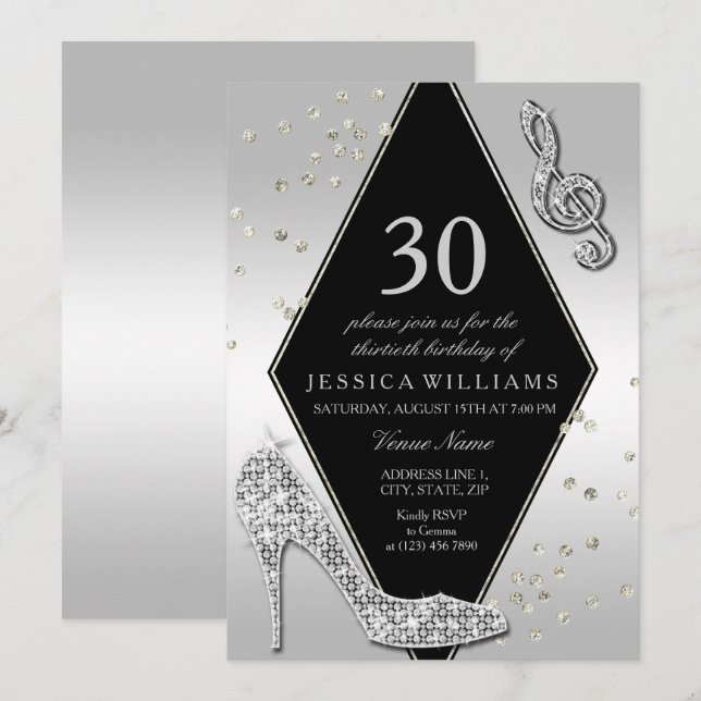 Invitation Anniversaire 30 ans élégant et scintillant argent (Devant / Derrière)