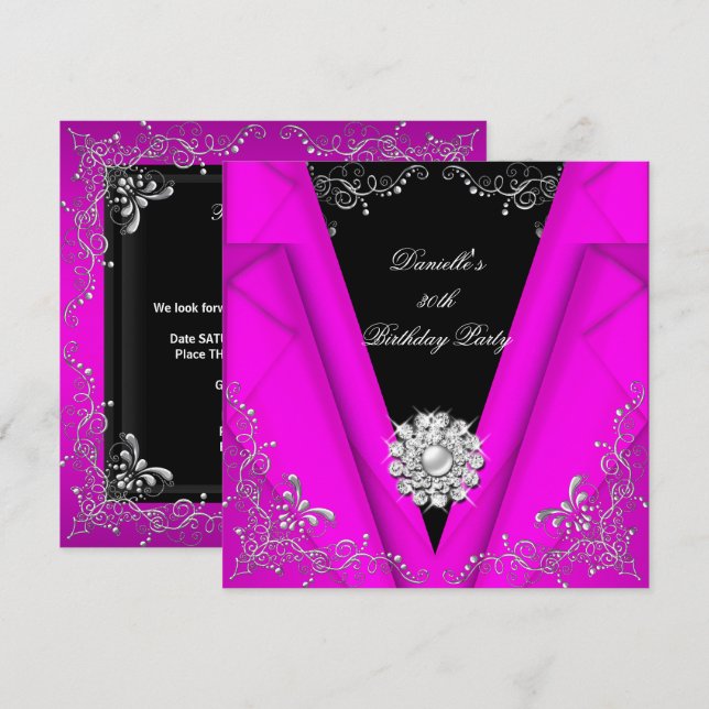 Invitation Anniversaire 30 ans Élégant Rose Argent Noir (Devant / Derrière)
