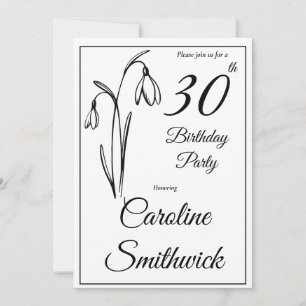Invitation Anniversaire 30 Ans Fleur de Neige Noir et Blanc