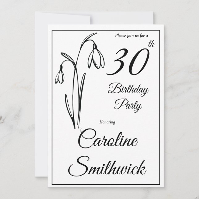 Invitation Anniversaire 30 Ans Fleur de Neige Noir et Blanc (Devant)