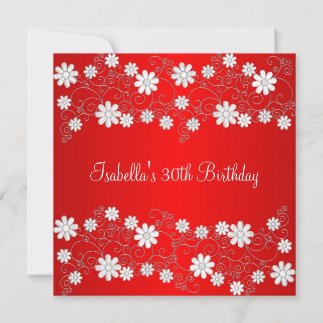 Invitation Anniversaire 30 ans floral rouge et blanc (Devant)