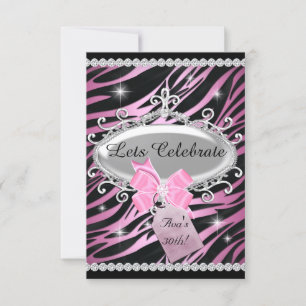 Invitation Anniversaire 30 ans Impression Zèbre Ruban Rose
