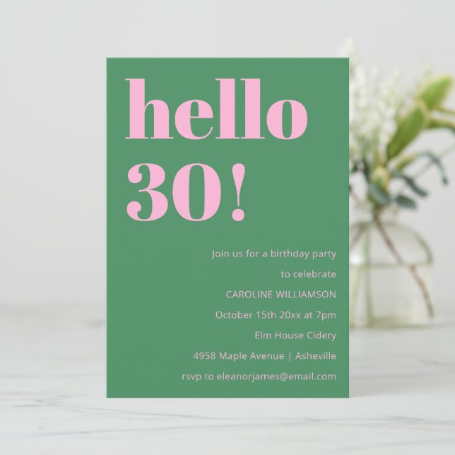 Invitation Anniversaire 30 Ans Moderne Rétro Rose Vert Gras (Debout devant)