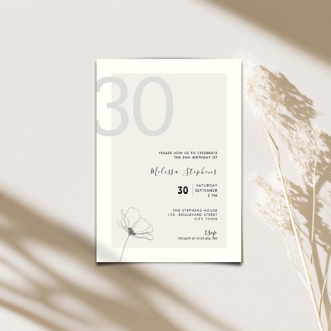 Invitation anniversaire 30 ans moderne - Style min (Elegant 30th birthday invitation for woman with hand drawn flower.)