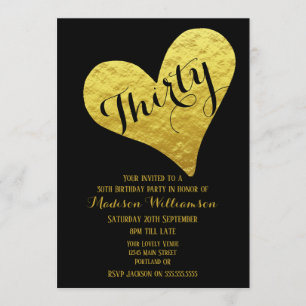 Invitation Anniversaire 30 Ans Noir et Cœur en Or Imitation